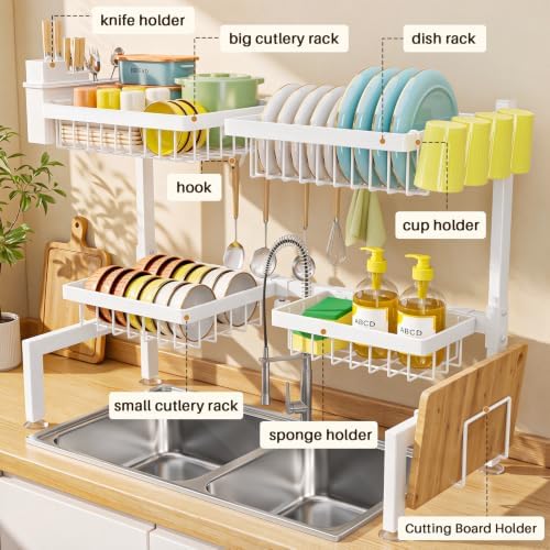 4 Baskets 2-Tier Over The Sink Dish Drying Rack, 26.57"-35" White