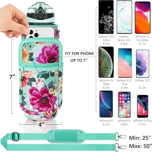 32 oz Water Bottle with Sleeve - BPA Free Leakproof Sport Large 1L Plastic Motivational Water Bottle with Straw Strap & Insulated Neoprene Holder Carrier Bag Great Xmas Gift for Women Men