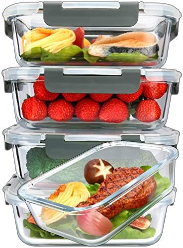 5 Pack 36 oz Glass Food Storage Containers with Lids,4.5 Cups,Gray