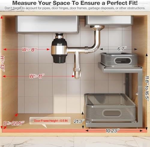2-Pack 21.3 IN Depth Under Sink Organizer With Next-Gen Ball-Bearing Slides,Sophisticated Mesh 2-Tier Pull Out Shelf for Kitchen & Bathroom,Fits Small Items-Gun Gray