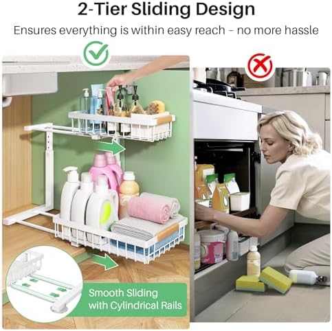 Under Sink Organizer, 2 Tier Under the Sink Storage, Slide out Pull out Cabinet Organizer Shelf, Metal Sliding Drawer for Kitchen Bathroom Pantry Closet Organization Rack, White, 2 Pack