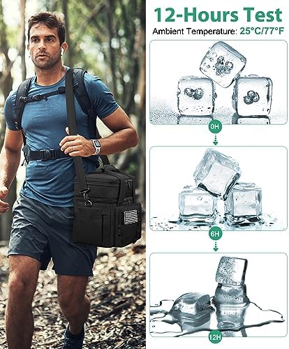 Tactical Lunch Box for Men, Large Insulated Lunch Bag for Adult, Heavy Duty Double Deck Expandable Lunch Cooler Bag with American Flag, Leakproof Soft Lunch Pail for Work Office Camping - Black