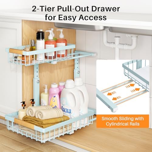 Under Sink Organizer, Adjustable Height, 2 Tier Pull Out Under Cabinet Organizer, Slide Out Thickened Metal Under Sink Storage for Kitchen Bathroom Laundry Pantry Cabinet, Blue, Large-2-Pack