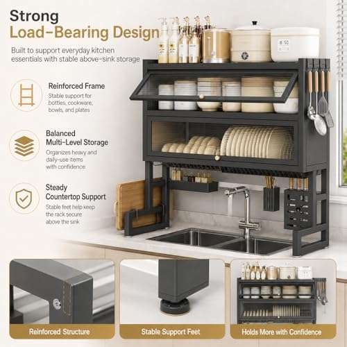 Over The Sink Dish Drying Rack (Black L-25.59in, Double-Layer)