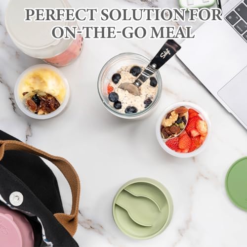 4 Pack Overnight Oats Containers with Lids, Folding Spoons and Divided Compartments for Fruit & Nuts, Small Glass 16oz Mason Jars for Oatmeal (4 Set-Oat White/Green/Rose/Blue)