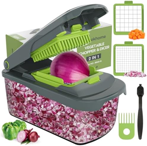 Vegetable Chopper Cutter with Container, Manual Hand Food Veggie Dicer with 2 Chopping Blades for Potato Strips, Onion Cubers, Carrot Sticks, Essential Kitchen Gadgets (2 in 1, Gray)