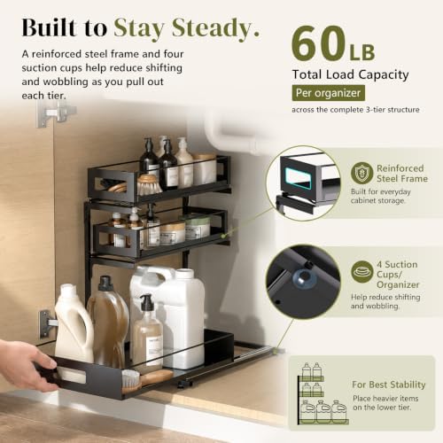Under Sink Organizer 2 Pack, 3-Tier Pull Out Under Kitchen Sink Organizer, Bathroom Under Sink Storage Organizer with Solid Metal Shelves, Adjustable Height, 60 lb Capacity, Black