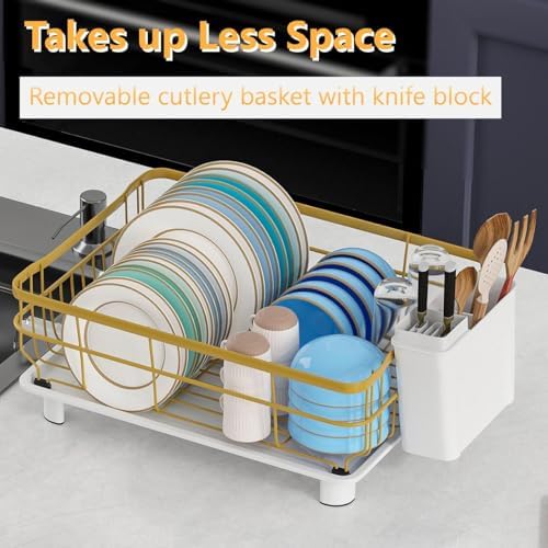Metal Dish Drying Rack Automatic Drainage, Gold, Large
