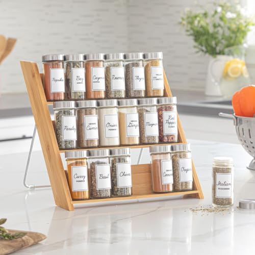 18 Jar Bamboo Compact Spice Rack with Spices Included & 5-Year Free Spice Refill Program for Countertop or Kitchen Drawer with Glass Jars