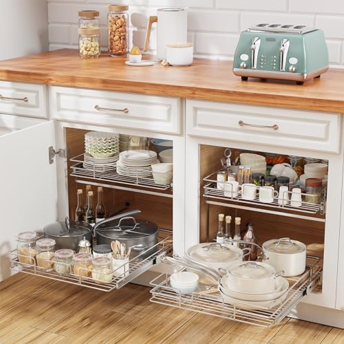 Slide Out Cabinet Organizer for Kitchen, 2 Tier Pull Out Shelves Sliding Cabinet Organizer and Storage, Chrome (16.5" W x 20.5" D)