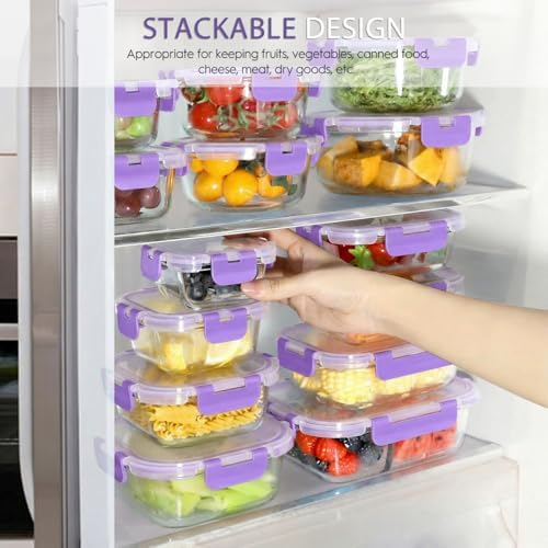 42pcs Glass Food Storage Containers with Lids Set, 21 Containers & 21 Lids Glass Meal Prep Containers with Snap Locking Lid Set, Leak Proof Lunch Container BPA-Free,Purple