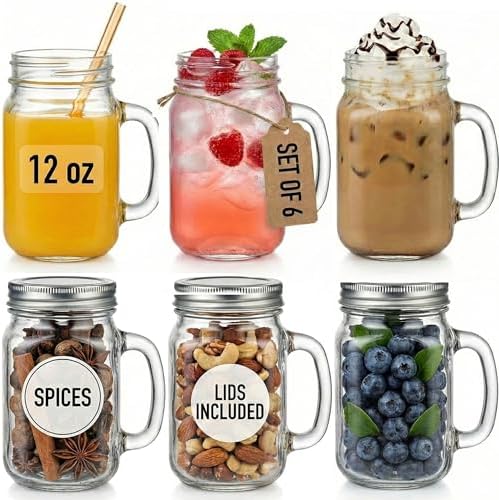 12 oz Mason Jar Mugs With Handles and Solid Lids Set of 6 - Mason Jar Drinking Glasses With Handle, Glass Mason Jars With Lids, Rustic Wedding Decor, Baby Shower Favors