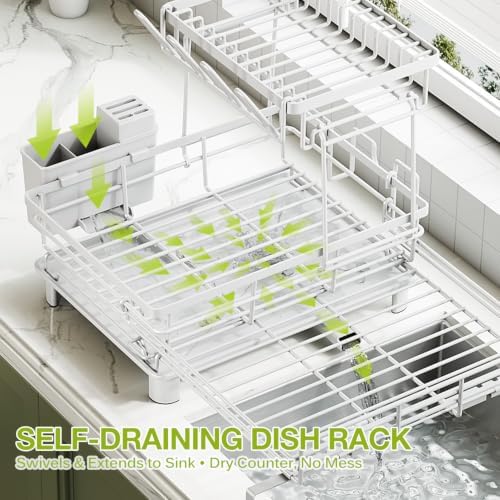 2-Tier Expandable Dish Drying Rack for Kitchen Counter, White