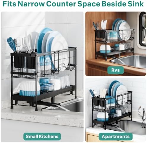 Narrow 2 Tier Dish Drying Rack - Expandable for Small Kitchens & RVs