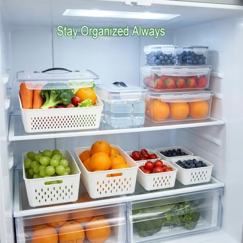 5 Pack Fruit Storage Containers for Fridge, Stackable Leakproof Food Keeper with Removable Colander, BPA-Free Produce Saver for Vegetables, Berries & Meat
