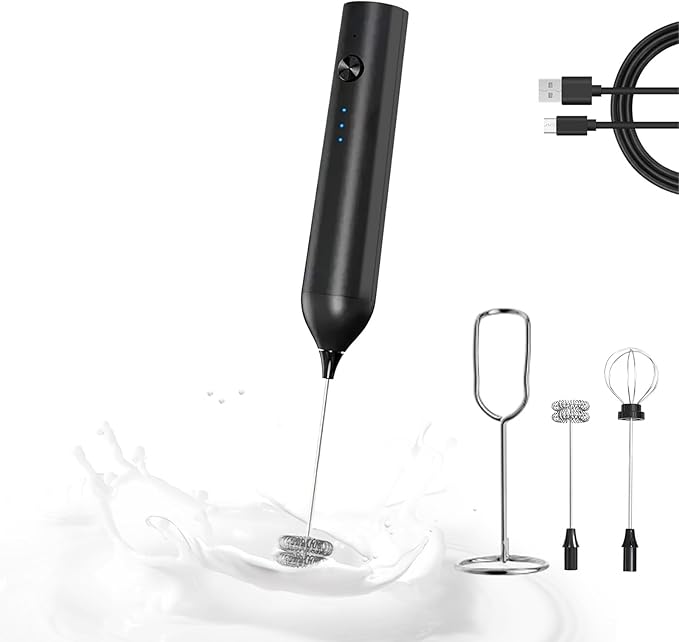 Handheld Milk Frother, Powerful Milk Frother for Coffee,Rechargeable Electric Frother with Stand,3-Speed Drink Mixer for Latte, Matcha, Protein Shakes, Hot Chocolate, Cappuccino, Egg Whisk