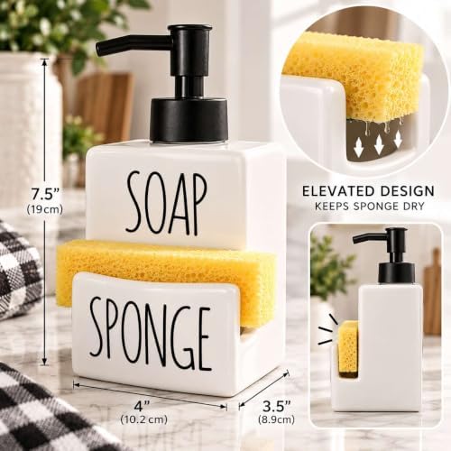 Ceramic Dish soap Dispenser with Sponge Holder Hand and Dish Soap Dispenser Set for Kitchen 2-in-1 Countertop Soap Pump Dispenser for Kitchen Sink, Useful Kitchen Gadgets - Modern Farmhouse White