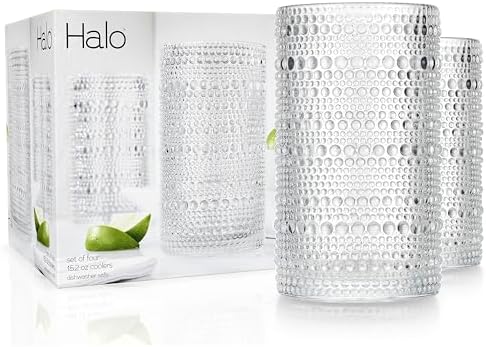 Hobnail Drinking Glasses, Set of 4 Clear Vintage Beaded Glass Cups, 15 Oz. Cocktail Drinking Glassware Set, For Water Juice, Smoothies. Home, Dinner, Bar uses.