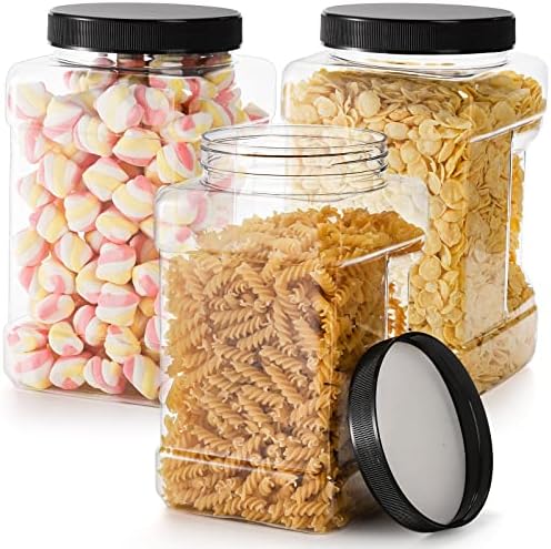 3 Pack Square Clear Plastic Jars, 98 Oz Wide Mouth Storage Containers with Screw-On Lids, Refillable BPA Free Empty PET Jars for Dry Goods Peanut Cookies Candy, Easy Grip Airtight Storage Jar