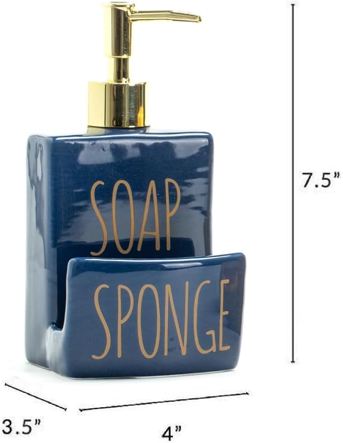 Ceramic soap Dispenser with Sponge Holder for Kitchen Sink Bathroom Counter top Storage and Organization (Navy)