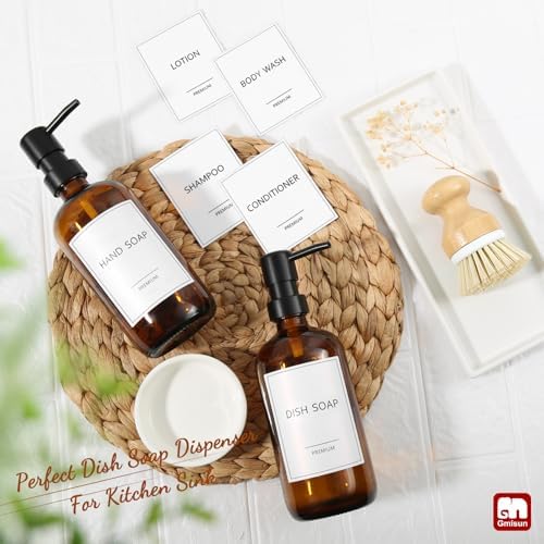 Dish Soap Dispenser, 16 Oz Kitchen Soap Dispenser Set with Ceramic Tray & Bamboo Brush, 2 Pack Thick Amber Glass Soap Dispenser, Farmhouse Refillable Hand and Dish Liquid Soap Pump Bottle Set