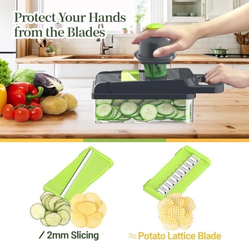 15-in-1 Vegetable Chopper 10 Blades, Veggie Cutter with Handle, Green/Grey - Image 5