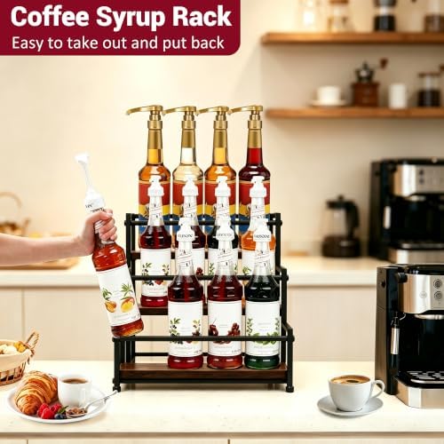 3‑Tier Coffee Syrup Organizer, Metal Countertop Bottle Holder, Holds 12 Standard 25.4oz Syrup Bottles, Rustic Coffee Bar Storage Display Shelf, Cabinet Wine Rack & Kitchen Spice Rack