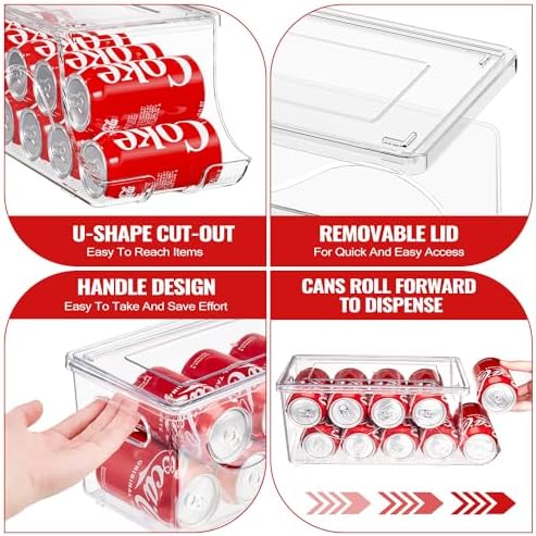2 Pack Stackable Refrigerator Organizer, Soda Can Dispenser Pop Cans Container Beverage Holder with Lid for Fridge, Freezer, Kitchen, Clear Plastic Storage Bins-Holds 10 Cans Each
