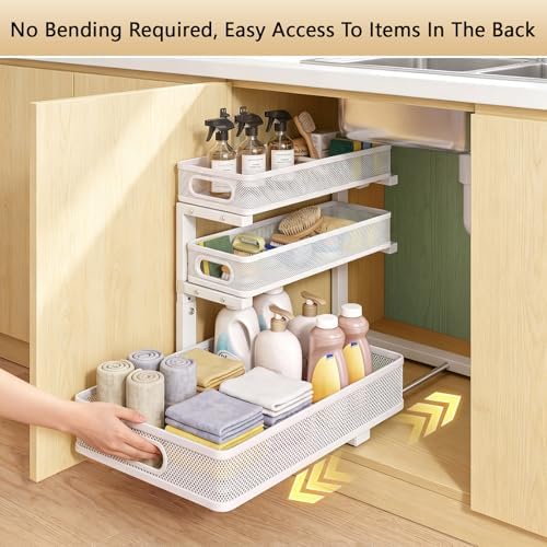 Under Sink Organizer, 2-Pack 3-tier Under Sink Storage Organizer Adjustable Height Easy Assembly Pull Out Cabinet Organizers Basket for Bathroom Kitchen Pantry Home Organization