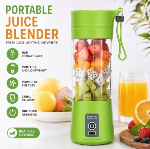BAN IDLING Portable Juice Blender, Green, 380ml, 6 Blades, USB Rechargeable, BPA Free, One-Click Operation - Image 2