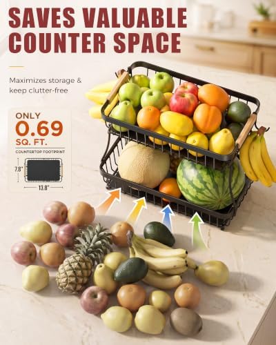 2-Tier Fruit Basket with Banana Hangers, Detachable Metal Bowl