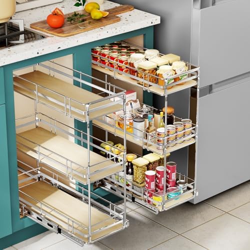 Pull Out Spice Rack Cabinet Organizer 5" W x 20½" D, 3 Tier Heavy Duty Slide Out Wood Shelf for Narrow Cabinet, Pull Out Storage for Kitchen