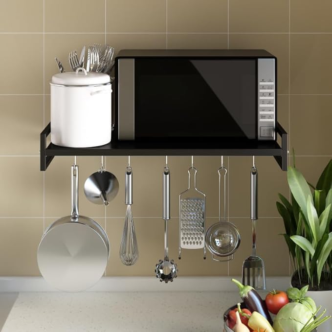 ABCOOL Wall Mount Microwave Oven Shelf Rack for Kitchen Home, Black Carbon Steel Counter Countertop Holder with Hook Rail and 3 Slidable Hooks
