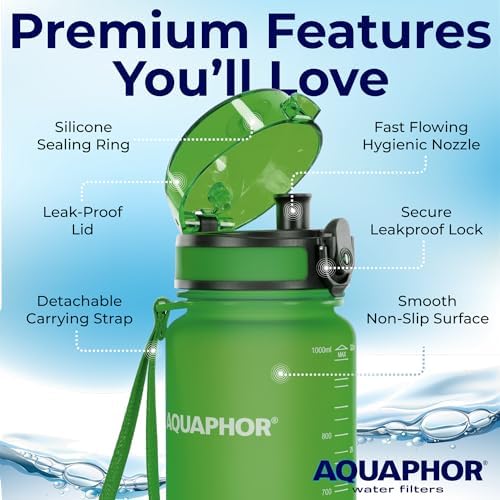 Filtered Water Bottle, Leakproof, BPA-Free, Motivational Markings, Travel, Everyday Use. 40-Gallon Filter, Replaces 300 Plastic Water Bottles. Includes 1 Filter, 22 FL Oz, Green by Aquaphor