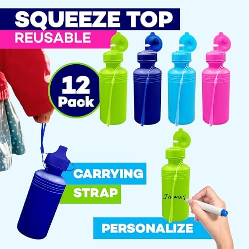 Bulk Water Sports Bottles for Kids 18 oz - 12 Pack Squeeze Reusable Plastic, Neon Colors, BPA Free, Water Bottles Party Favor Gift Giveaways, School Water Bottles
