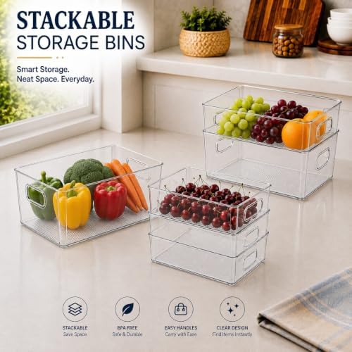 Set of 5 Stackable Fridge Organizers and Storage Bins, 2 Small, 2 Medium & 1 Large Clear Plastic Pantry Organizer Bins with Handles, BPA-Free PET Food Storage Boxes for Kitchen, Freezer & Cabinet