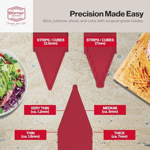 Swissmar VPower V-Slicer Mandoline – Professional Kitchen Tool with Adjustable Thickness – Precision Food Slicer for Vegetables, Julienne & Shredding – Includes Safety Holder & Inserts - Red