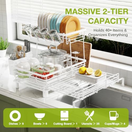 2-Tier Expandable Dish Drying Rack for Kitchen Counter, White