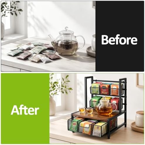 3-Tier Tea Bag Holder Organizer, Metal Tea Station Organizer with Drawer