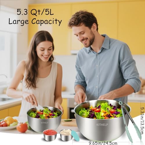 KITHELP Stainless Steel Salad Spinner Large 5.3Qt, Lettuce Spinner Dryer with 5 Blades Slicer, Vegetable Spinners, Lettuce Spinner, Fruit Washer Bowl with Strainer, Non-Slip Base, Dishwasher Safe - Image 4