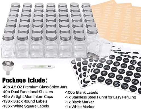 Spice Jars with 372 Labels, 49 Pcs 4.5 oz Glass Seasoning Containers