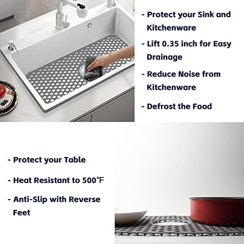 Silicone Sink Mat, 24.6''x 12.9'' Kitchen Sink Protector Grid for Bottom of Center Drain Sink, Gray Non-slip Heat Resistant Liner for Farmhouse Stainless Steel Porcelain Sink