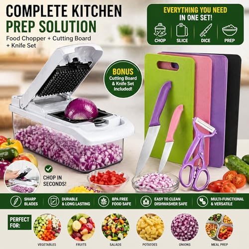 26 in 1 Vegetable Chopper with Container, Mandoline Slicer, Onion Chopper Dicer, Food Chopper Set with Cutting Board, Knife Set, Scissors and Drain Basket - Image 2