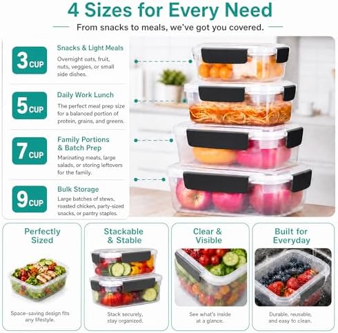 9 cup Plastic Food Storage Containers with Lids Nestable Freezer Dishwasher Safe Rectangle Meal Prep Container Set,5-Pack