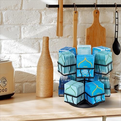 Tea Bag Organizer - Spinning Carousel Holder With 12 Compartments, Up to 140 Tea Bags Storage, Black Powder Coated Stainless Steel