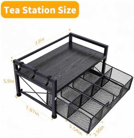 Tea Bag Organizer,Coffee Bar Organizer,Teabag Holder & Coffee Station with Storage Drawer,Wood Tea Station Chest Display Container Box for Countertop Kitchen (Grey)