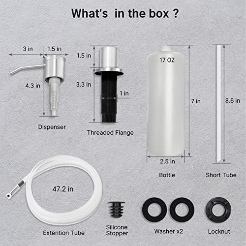 Built-in Soap Dispenser for Kitchen Sink, Soap Dispenser Pump Set with 17oz Bottle and 47.2-inch Extension Tube Kit for Dish Detergent - Stainless Steel, Brushed Nickel