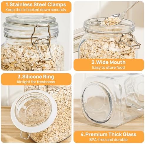 50oz Glass Food Storage Jars with Airtight Clamp Lids, 3 Pack