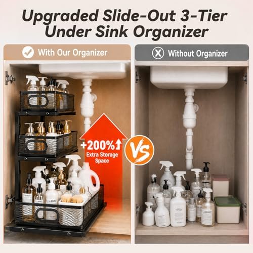 3-Tier Under Sink Organizer Organization for Home Bathroom Kitchen,Black