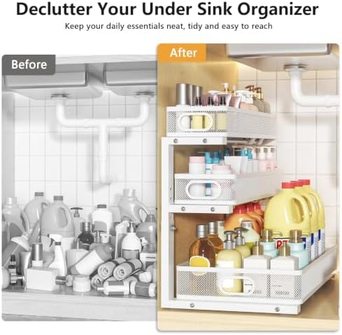 3-Tier Under Sink Organizer, Slide Out Drawer Rack, White, 2 Pack